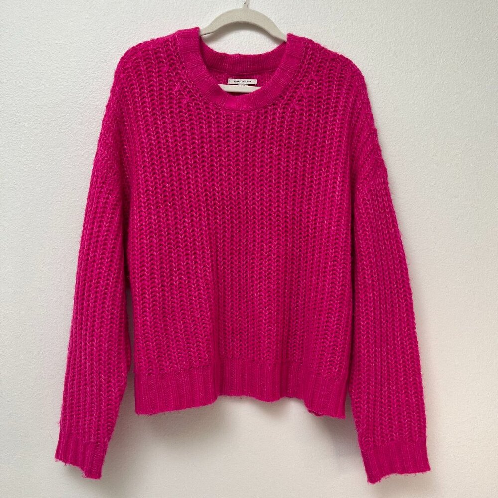 American Eagle Bright Pink Chunky Knit Crew Neck Cozy Oversized Sweater Large